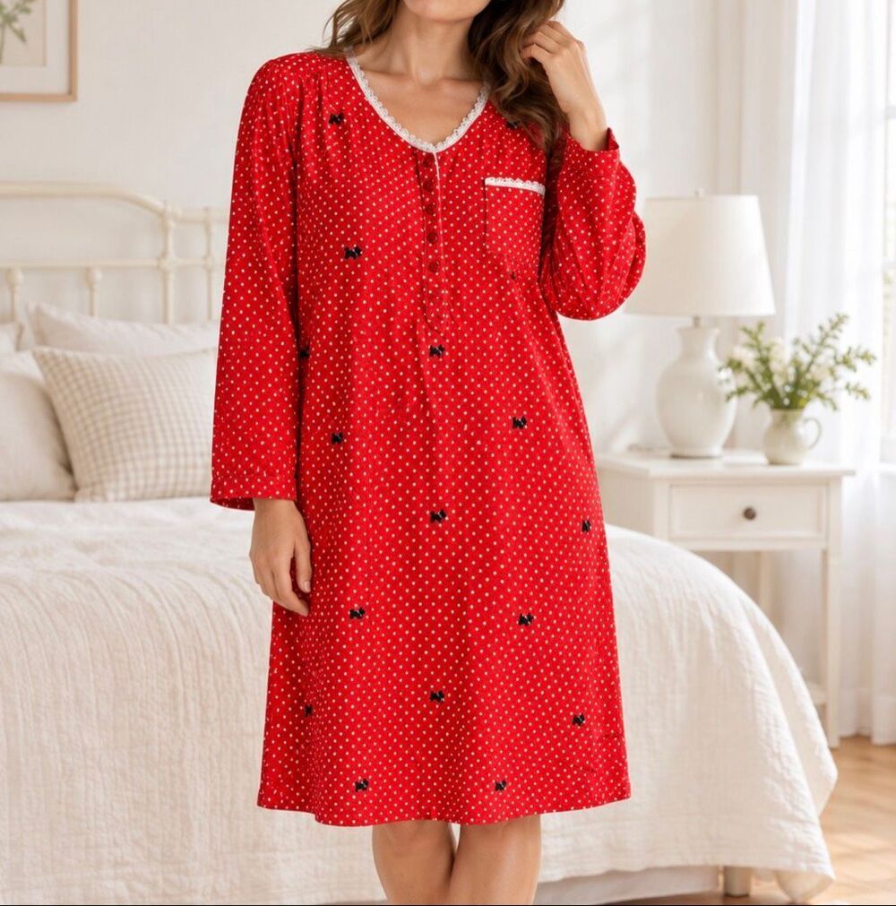 Laura Scott Christmas Nightgown Red Scottie Dogs Polka Dot Size L
